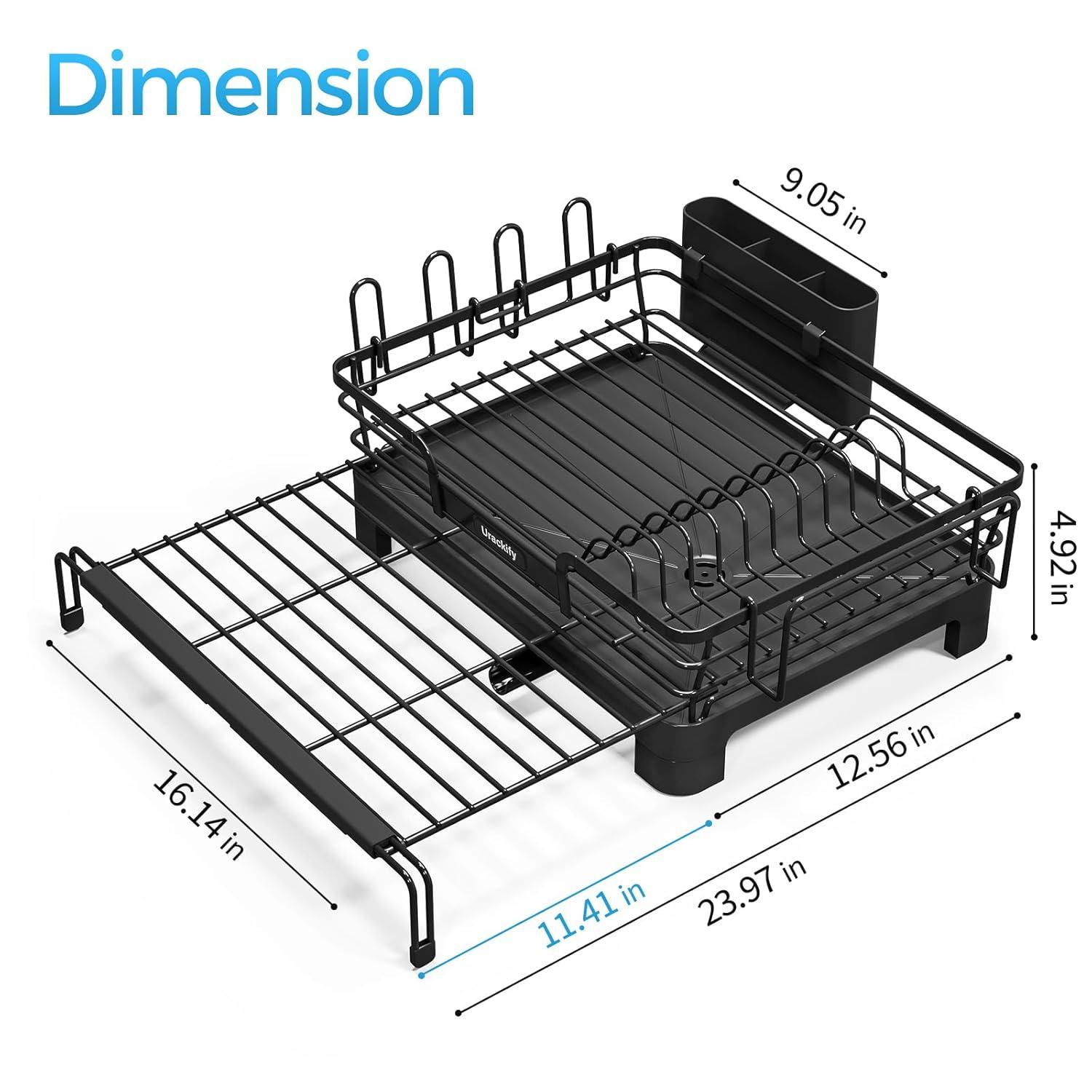 THE GLAMOUR BOUTIQUES Extendable Dish Drying Rack, 2 In 1 Multifunction Dish Rack For Kitchen Counter, Expandable Dish Drainer Over Sink, Large Dish Strainer With Drainboard & Cups Holder, Black