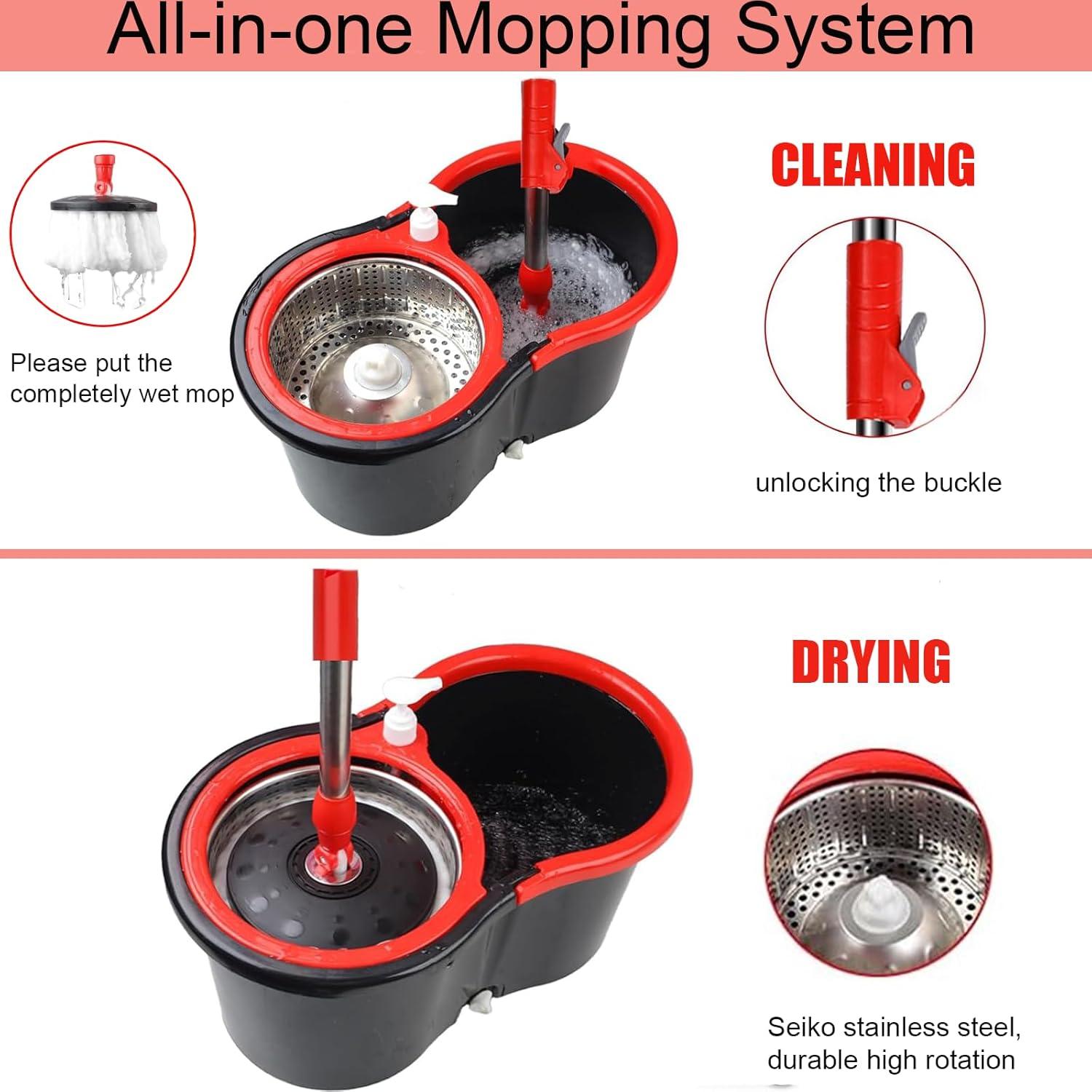 Spin Mop and Bucket Set, 360° Spin Mop and Bucket with Wringer Set and 3 Microfiber Mop Replacement Heads Refills, 61" Stainless Steel Extended Handle Spinning Mop Bucket System for Floor Cleaning