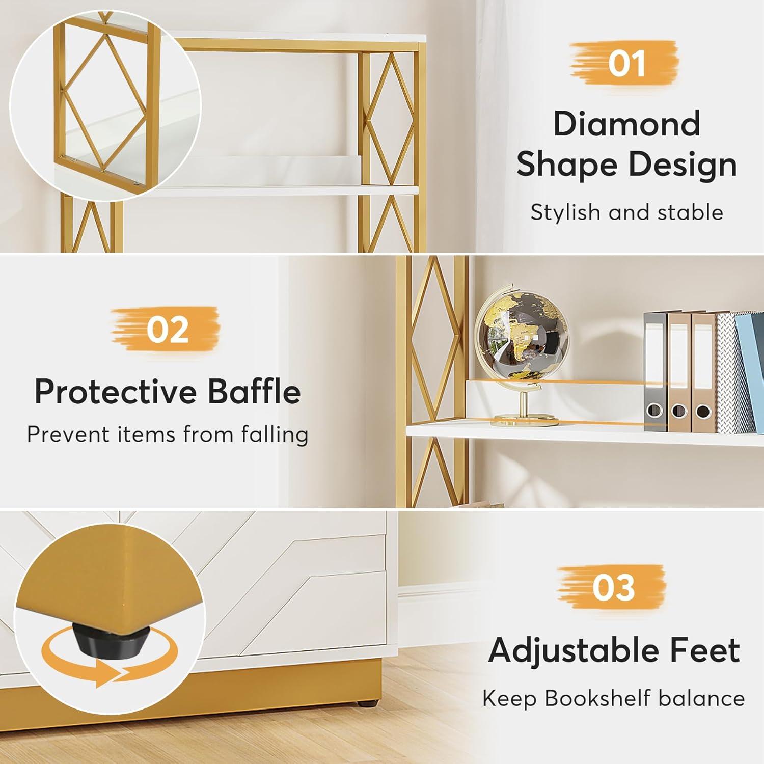 Tribesigns 71" Tall Etagere Bookcase with 3 Shelves 2 Cabinets, White and Gold Bookshelf with Doors, Modern Open Display Bookshelf for Living Room Bedroom Office