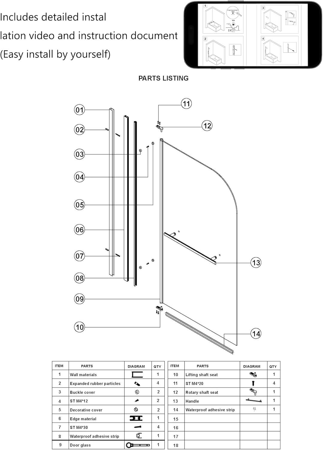 31"W x 55"H Frameless Folding Pivot Shower Tub Door Reversible Installation