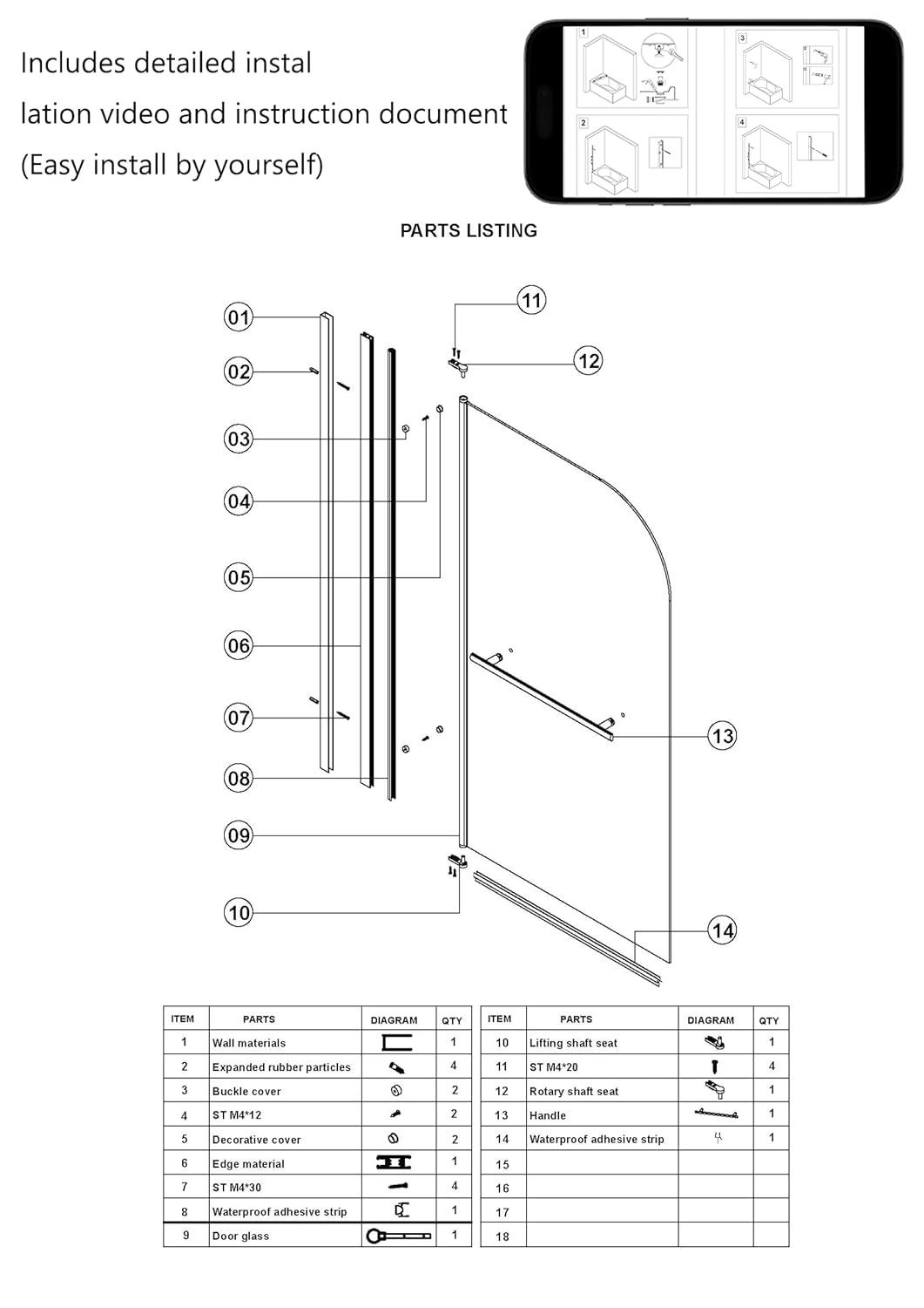 31"W x 55"H Frameless Folding Pivot Shower Tub Door Reversible Installation