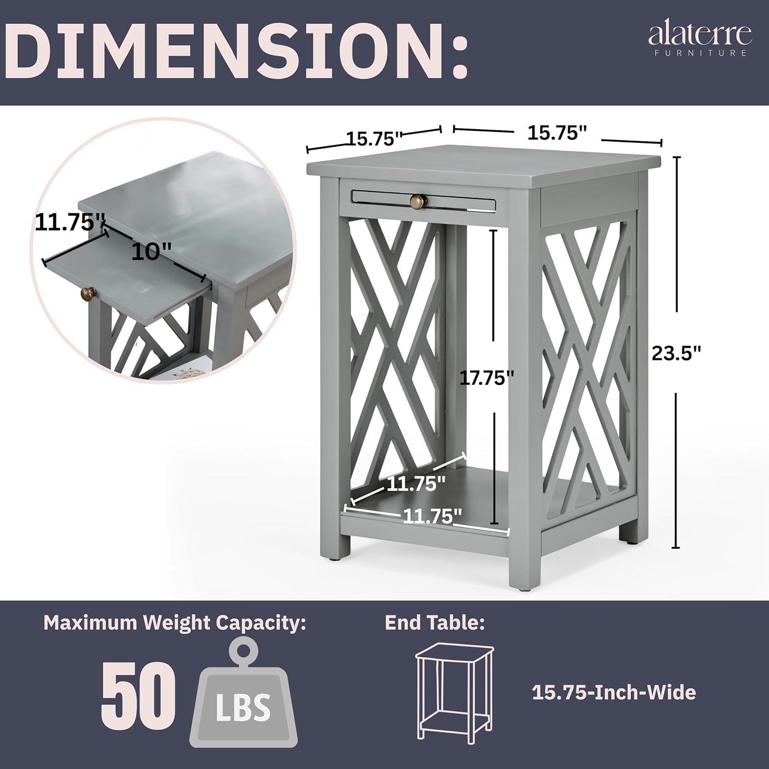 Alaterre Furniture Coventry Wood End Table with Tray Shelf and Bottom Shelf, Gray
