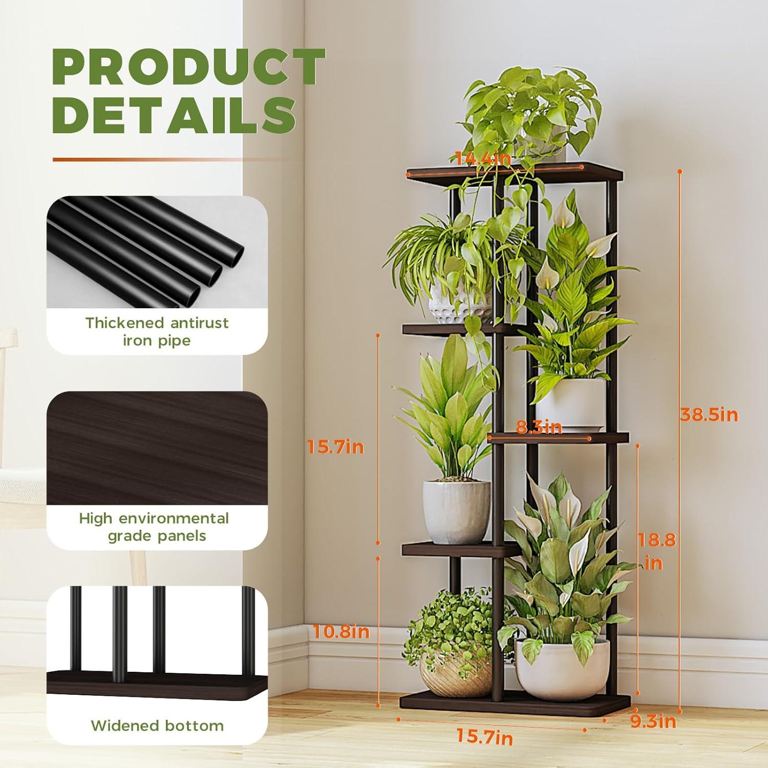 Tall Black Metal and MDF 5-Tier Plant Stand