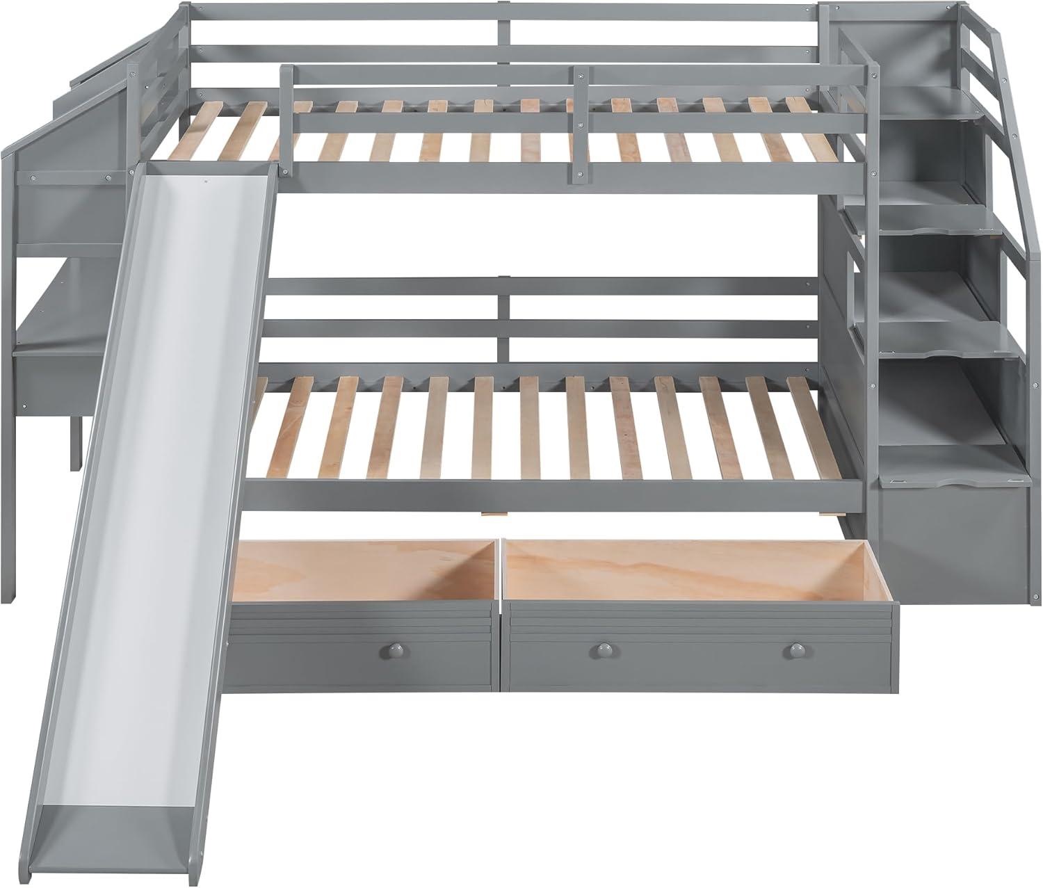 Bellemave Bunk Bed with Desk, Stairs and Slide, Wood Twin Over Twin Bunk Beds with Storage Shelves, Drawers for Kids Teens Girls Boys (Grey)