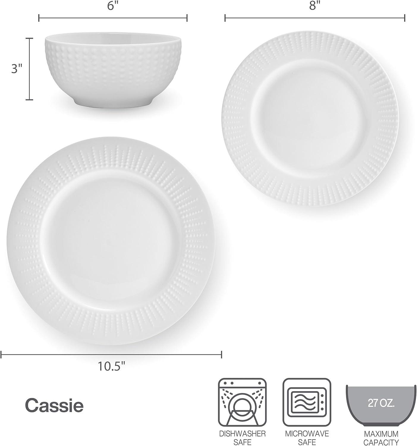 White Embossed Porcelain 12-Piece Dinnerware Set, Service for 4