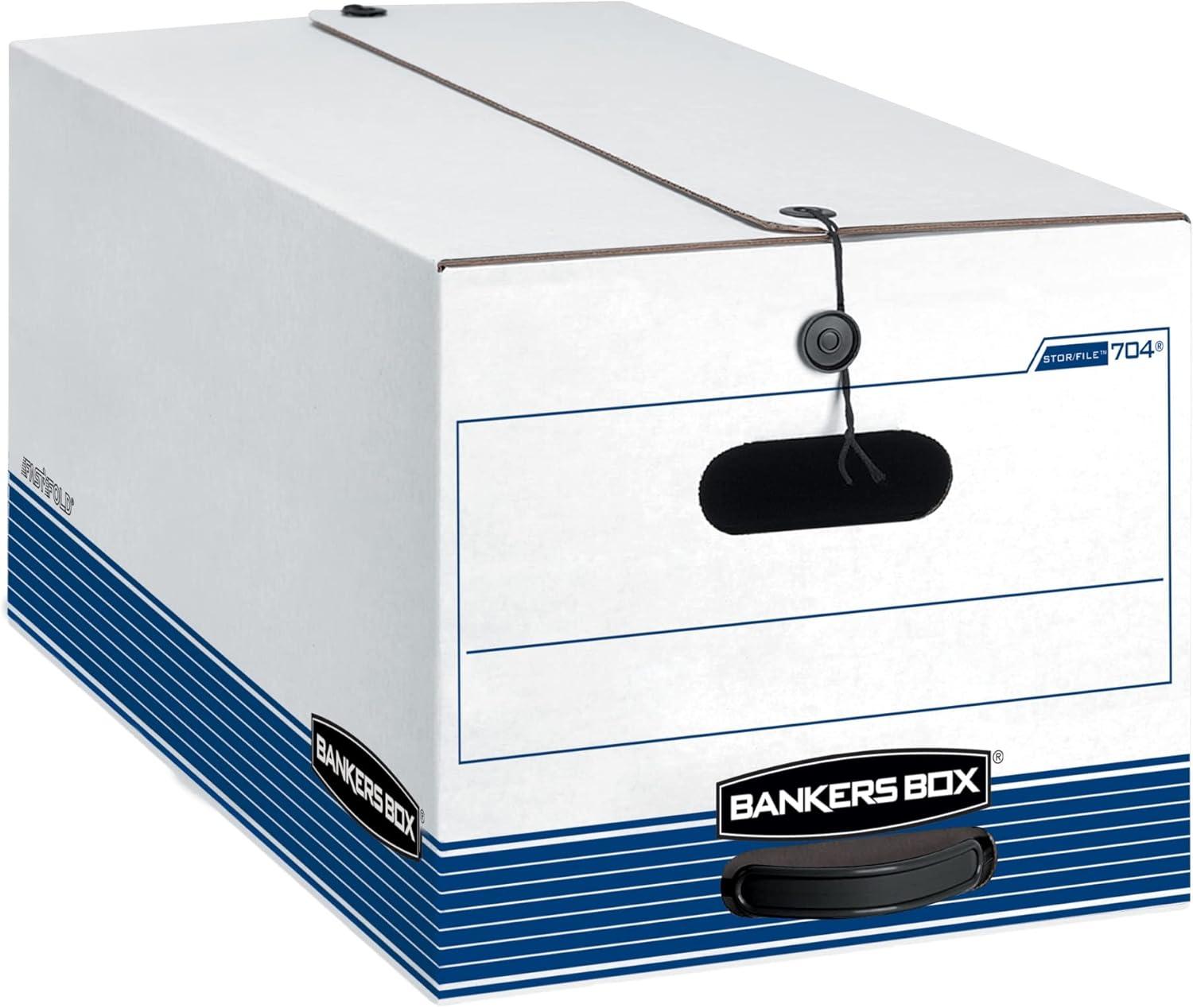 Bankers Box® Stor/File™ 60% Recycled Storage Boxes, String & Button, 24" x 12" x 10", Letter, White/Blue, Pack Of 3