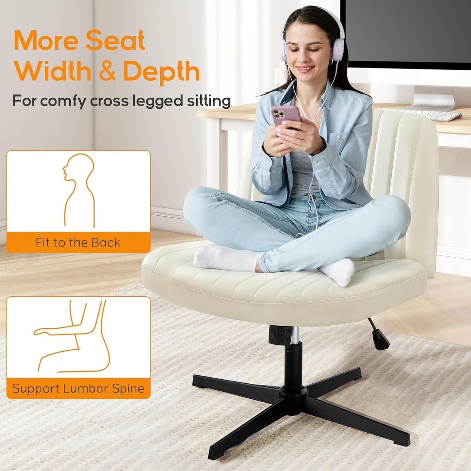 Criss Cross Chair, Cross Legged Office Chair, Wide Comfort Desk Chair, No Wheels Armless Computer Task Chair, Swivel Leather Vanity Home Chair, Height Adjustable