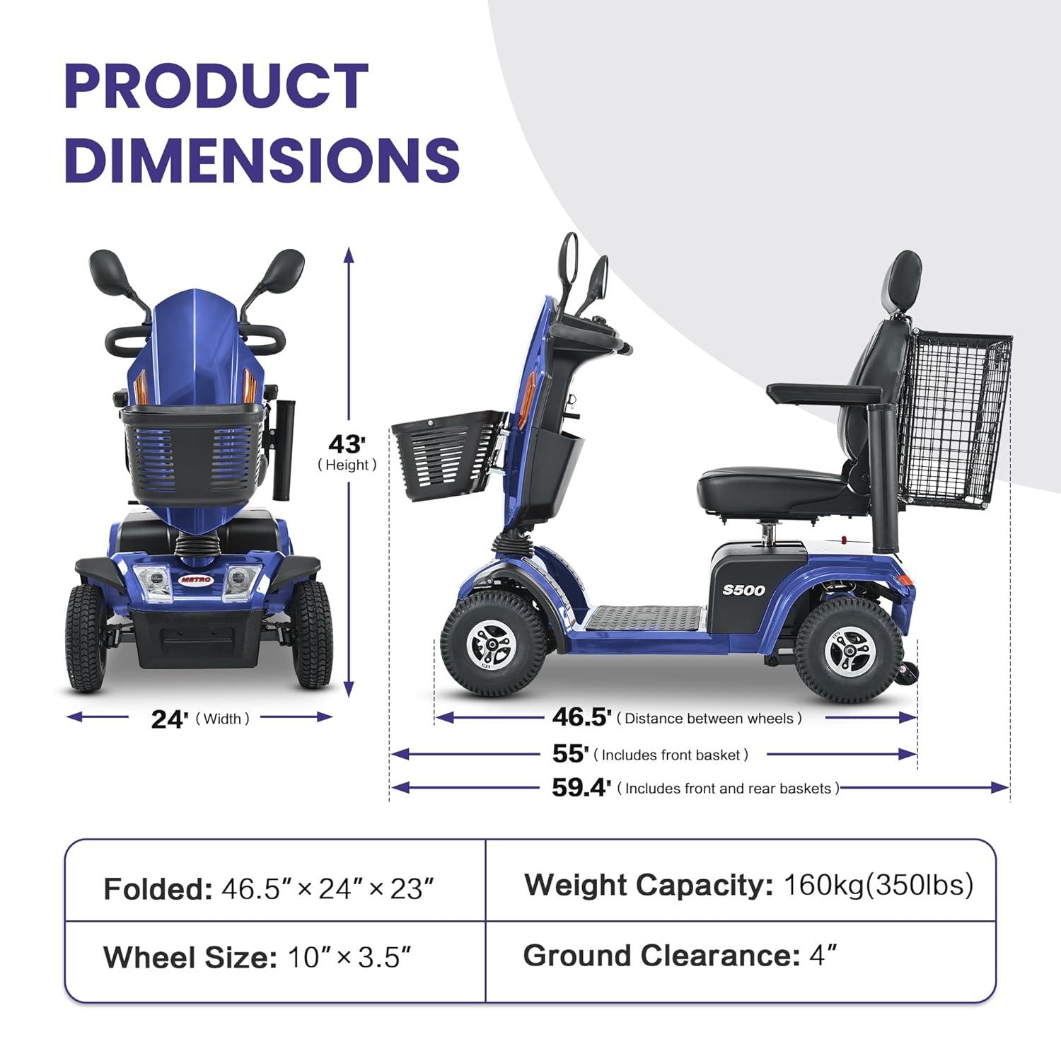 Metro S500 4-Wheel Electric Scooter with Windshield, 500W Motor, Cup Holders & USB Charging Port, LED Lights, Crutch case, Front and Rear Baskets, Blue
