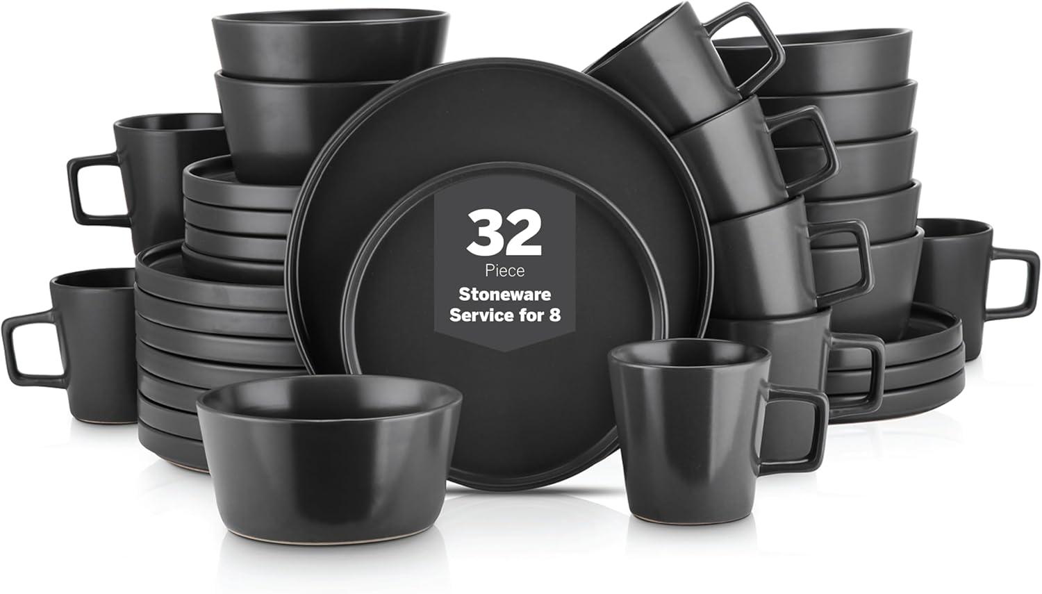 Stoneware Dinnerware Set 32-Pc Black Matte - Microwave & Dishwasher Safe for Daily Use & Entertaining | Durable, Chip-Resistant, Easy Clean Dishes