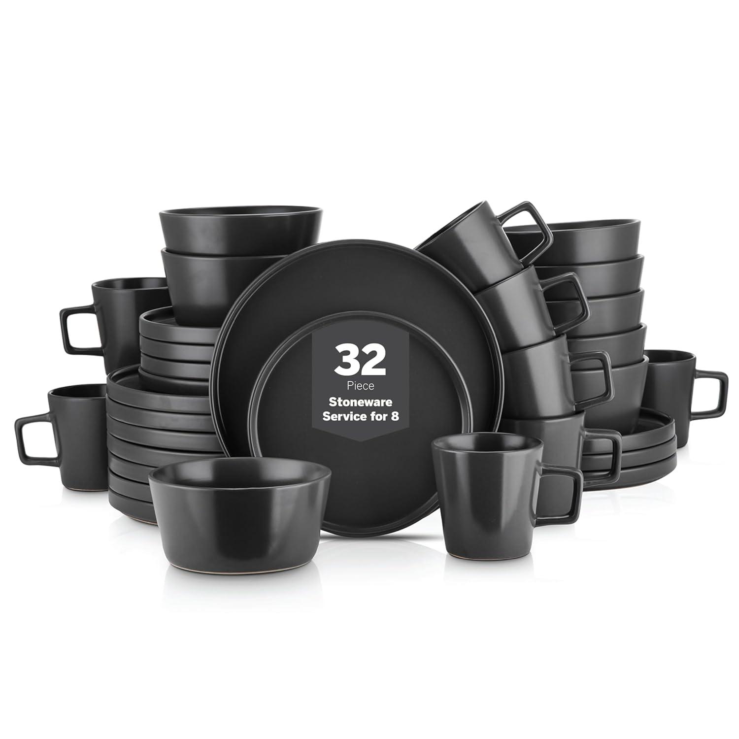 Stoneware Dinnerware Set 32-Pc Black Matte - Microwave & Dishwasher Safe for Daily Use & Entertaining | Durable, Chip-Resistant, Easy Clean Dishes
