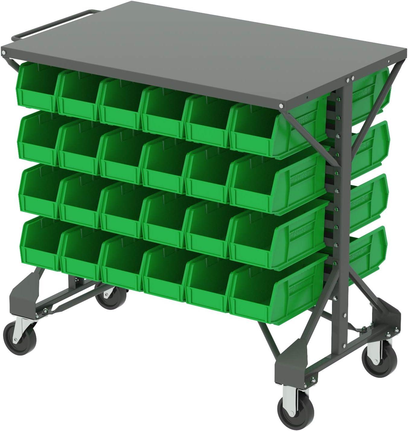 Gray Steel Mobile Bin Cart with Flat Shelf