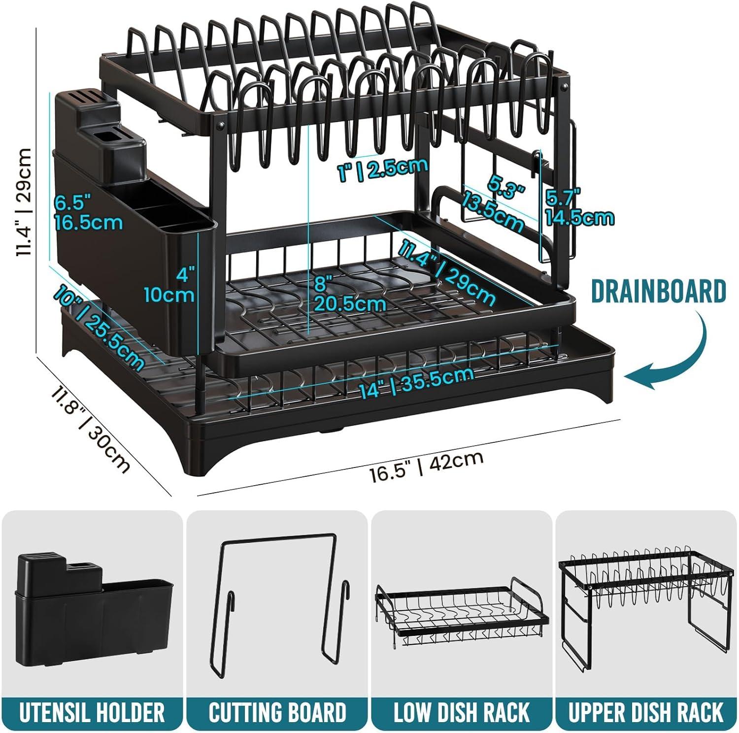 Dish Drying Rack and Drainboard Set, Large Dish Racks for Kitchen Counter, 2 Tier Dish Strainers, Black Dish Drainer with Utensils, Pot, Knives, Cutting Board Holders and Drying Mat