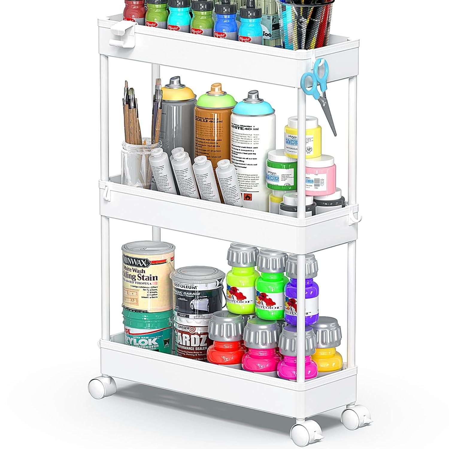 SPACEKEEPER Slim Rolling Storage Cart, 3 Tier Bathroom Storage Organizer Laundry Room Utility Cart Mobile Shelving Unit, Multi-Purpose for Kitchen Office Bathroom Laundry Narrow Places, White