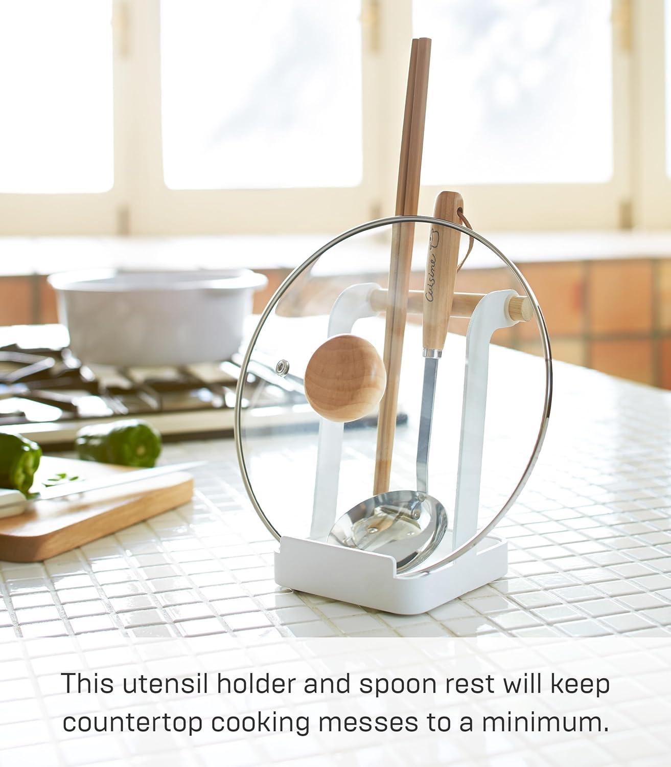 Compact White Wood Ladle and Lid Stand