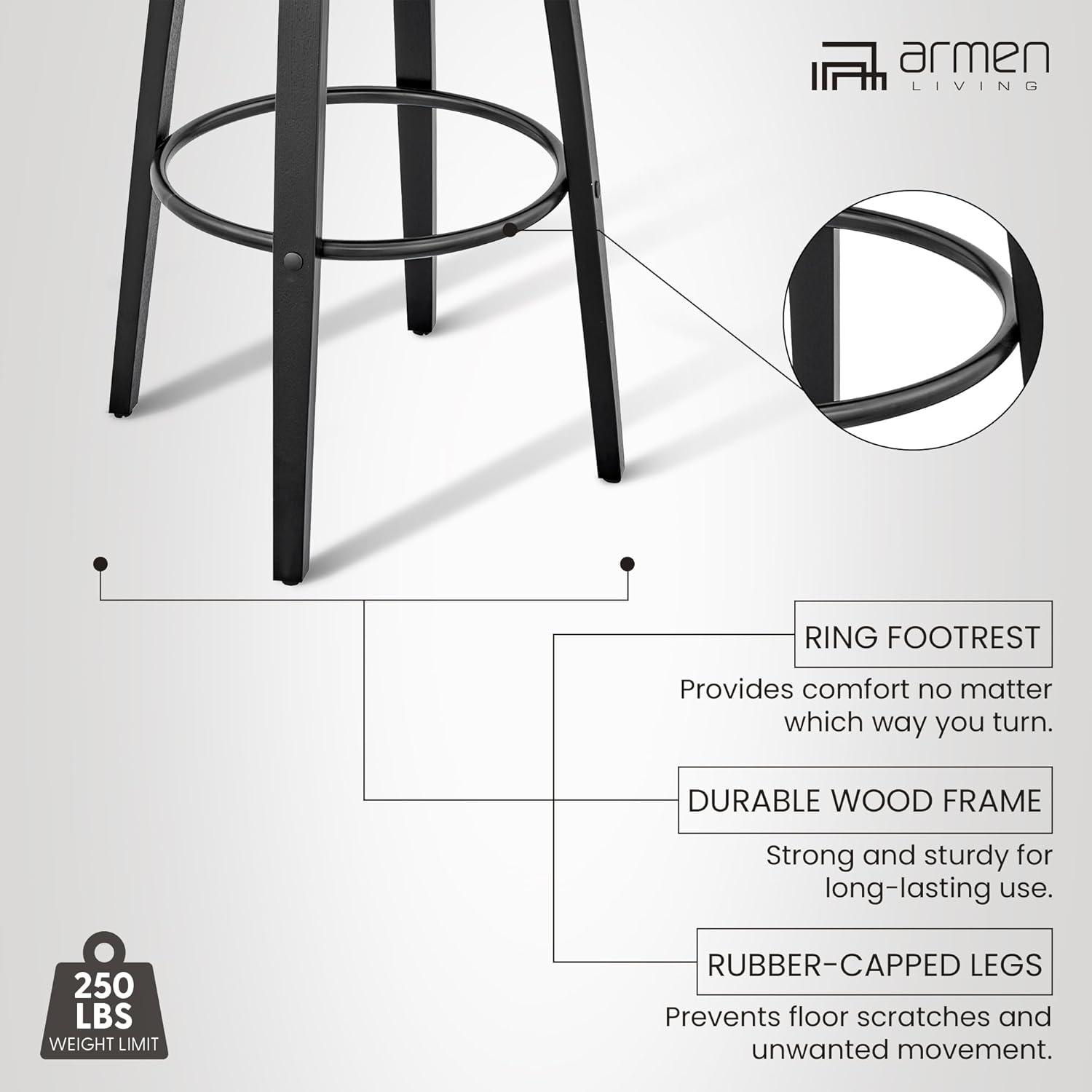 30" Daxton Counter Height Barstool with Gray Faux Leather Seat Black Finish Frame - Armen Living: Swivel, Footrest, Wood Frame