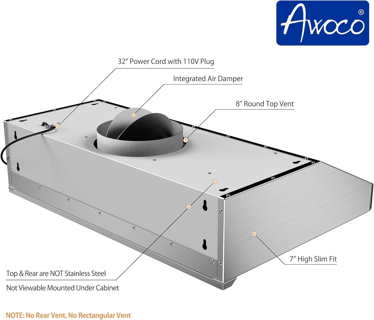 Awoco 30" Stainless Steel 1000 CFM Ducted (Vented) Under Cabinet Range Hood with Baffle Filter