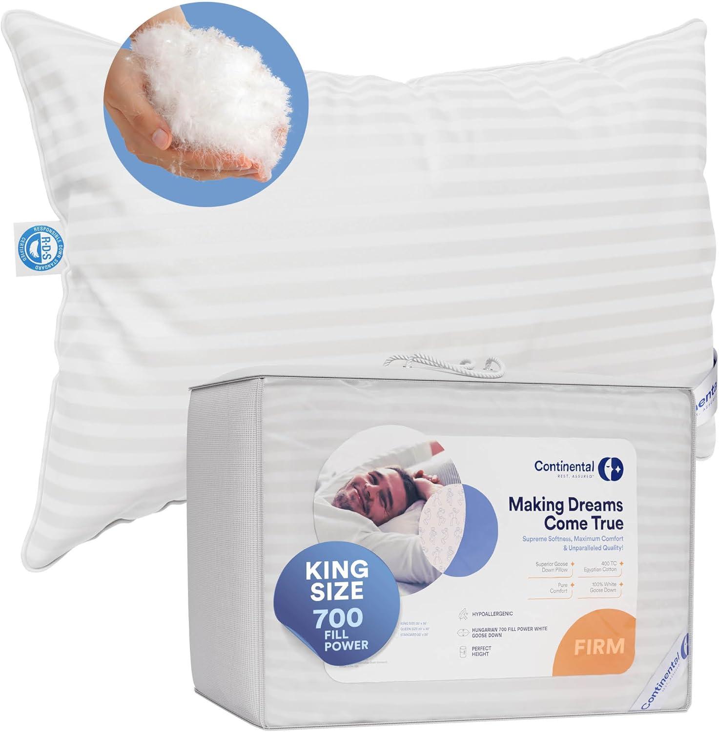 Continental Bedding Soft 700 Fill Power Goose Down Pillow King Size Pack of 1