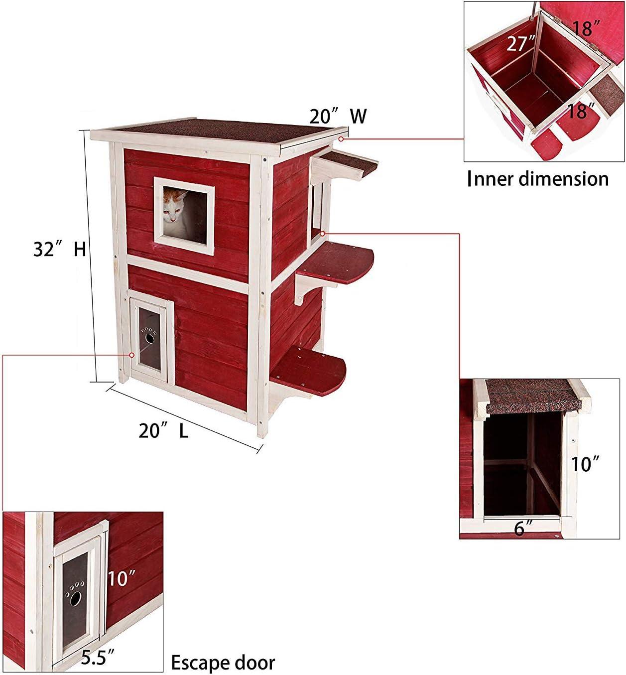 Petsfit 2-Story Weatherproof Outdoor Kitty Cat House/Condo/Shelter with Escape Door Red