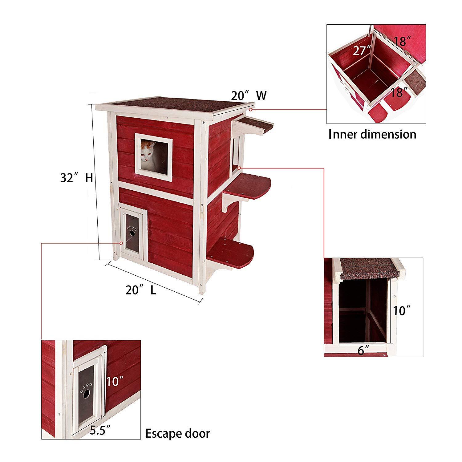 Petsfit 2-Story Weatherproof Outdoor Kitty Cat House/Condo/Shelter with Escape Door Red