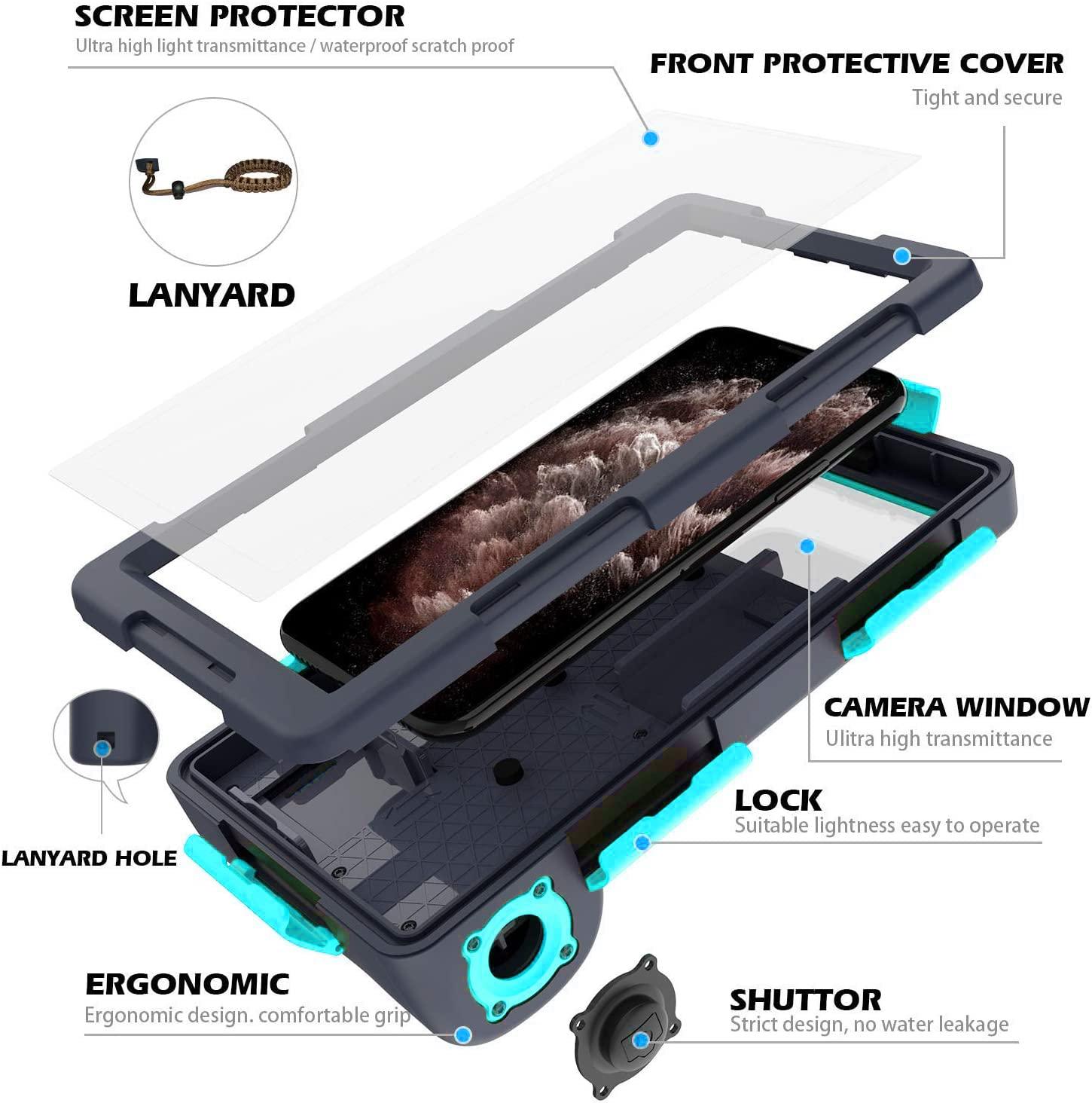 KOMI Professional Waterproof Underwater Snorkeling Phone Case for iPhone 11/8/7/6 Pro Max Mini Xr/X/Xs/Samsung Galaxy Note10/9/8/S10/9/8 Ultra Plus Professional screensizes Below 4.7inch Green