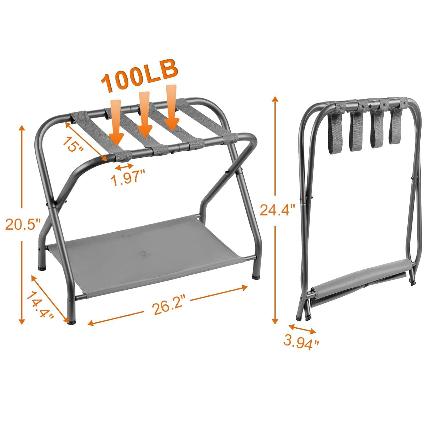 MEBROT Set Of 2, Foldable Suitcase Stands For Guest Room, Metal Luggage Holder With Storage Shelf For Bedroom, Hotel, Easy Assemble