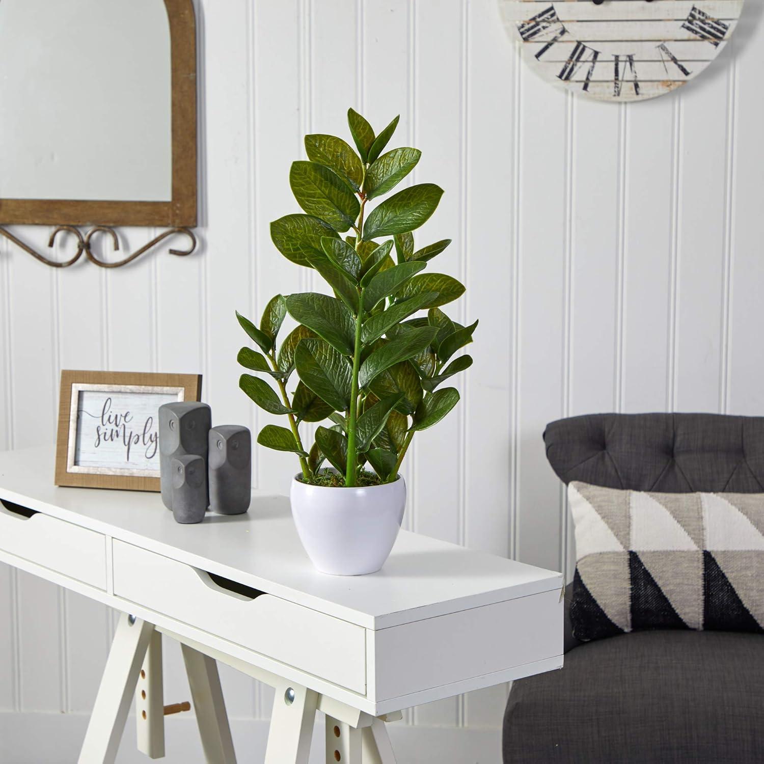 Nearly Natural 22-in Zamioculcas Artificial Plant in White Planter