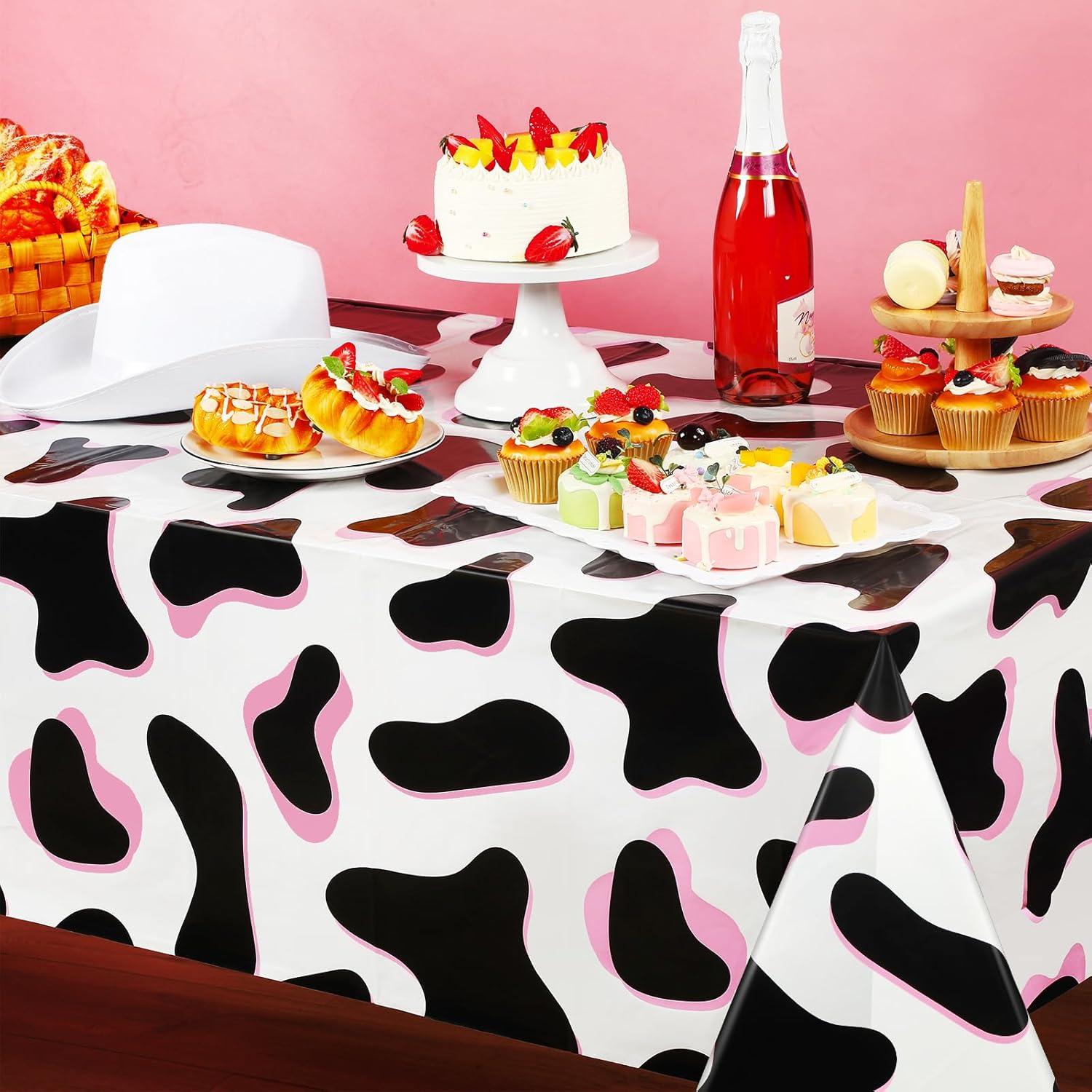 Tiamon 3 Pcs Pink Cow Print Tablecloth 108 x 54 Inch Birthday Party Table Cloth Disposable Plastic Cover for Disco Pink Cowgirl Decorations Supplies