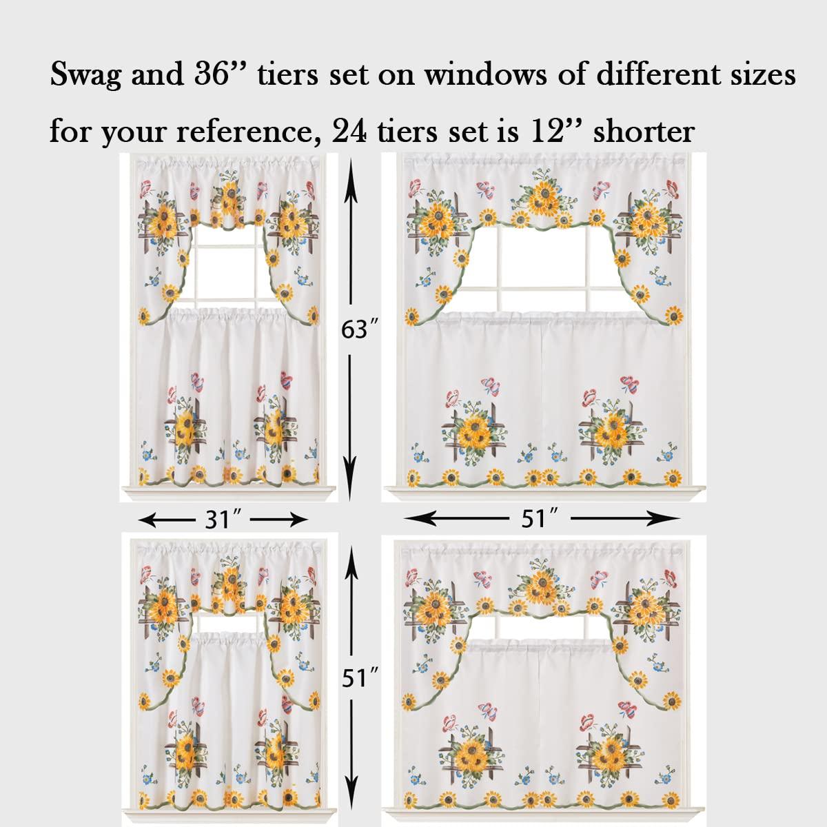 GOHD 3pcs Farmhouse Kitchen Cafe Curtain Set Air Brushed by Hand of Sunflower and Butterfly Design on Thick Satin Fabric (Swag and 24 inches Tiers Set)