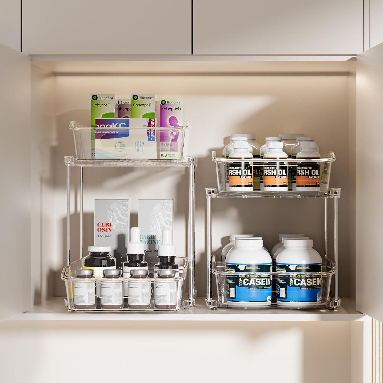 THE GLAMOUR BOUTIQUES 2 Sets Of 2-Tier Clear Under Sink Organizers And Storage, Multi-Purpose Stackable Bathroom Cabinet Organizers, Pull Out Kitchen Pantry Organization And Storage With Dividers