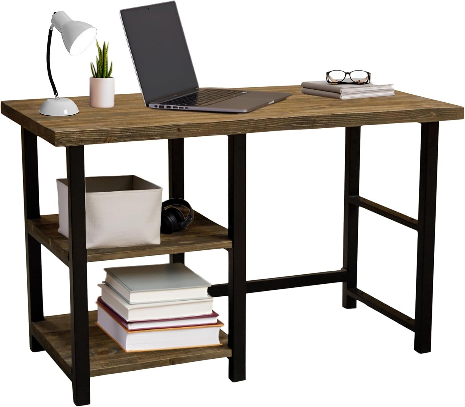 Pomona Writing Desk with Two Shelves Metal and Solid Wood Natural - Alaterre Furniture: Modern Style, Open Storage, Home Office