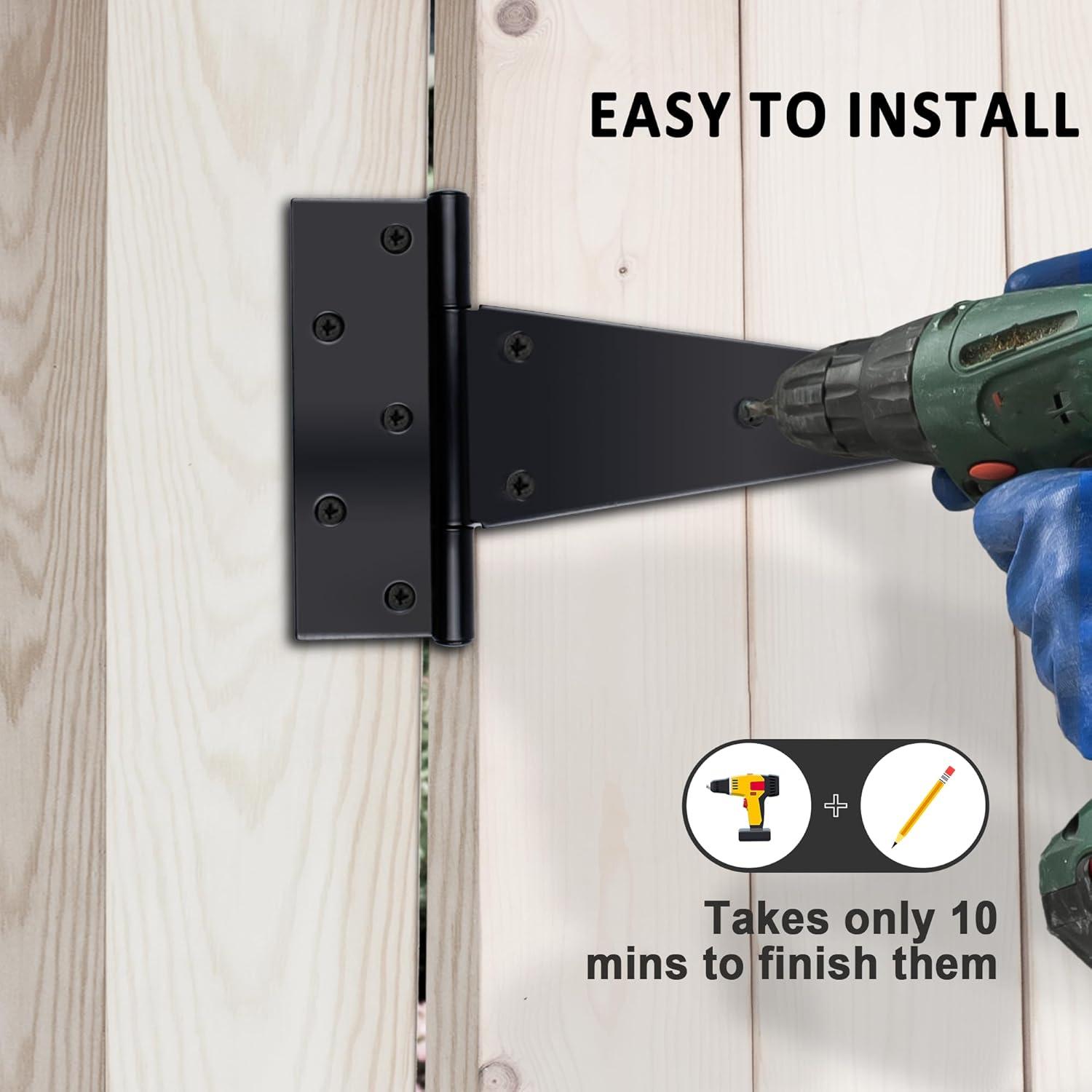 2PCS 8 Inches T Shape Rustproof Iron Light Duty Shed Hinge Gate Strap Hinge Door Gates Hinges (Black)