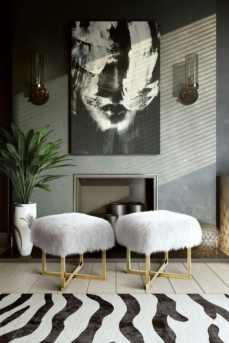 White Sheepskin Upholstered Bench with Gold Stainless Steel Frame