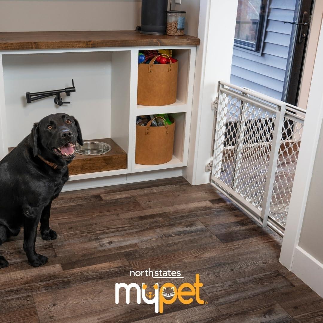 Light Gray Plastic and Metal Swinging Pet Gate for Stairs and Doorways