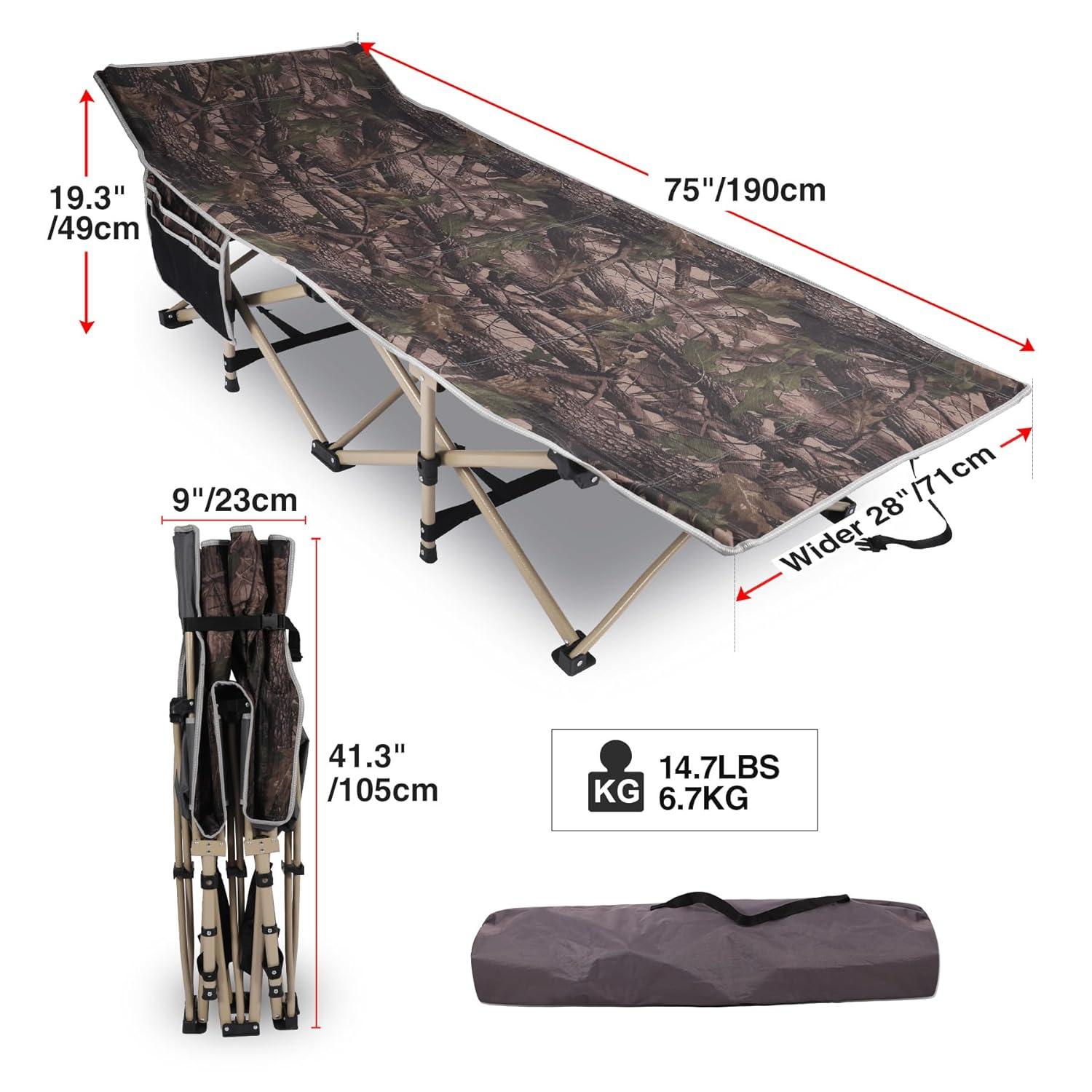 REDCAMP Folding Hunting Cots for Adults 500lbs, XL Sleeping Cots for Hunting, Extra Wide Portable for Camping Outdoor Travel Indoor Home, Camo