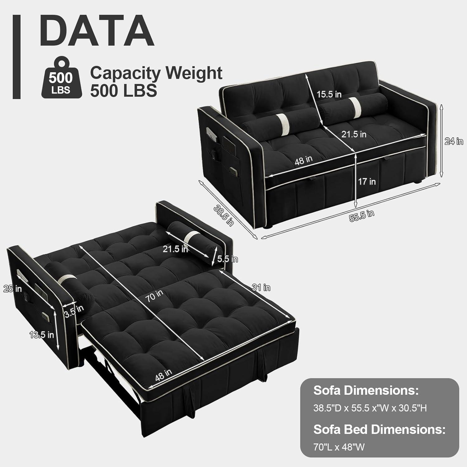 3 in 1 Convertible Sleeper Sofa Bed,55" Modern Velvet Sofa Couch Bed with 2 Lumbar Pillows and Adjsutable Backrest,2 Seater Loveseats Sofa for Apartment Office Living Room,Black