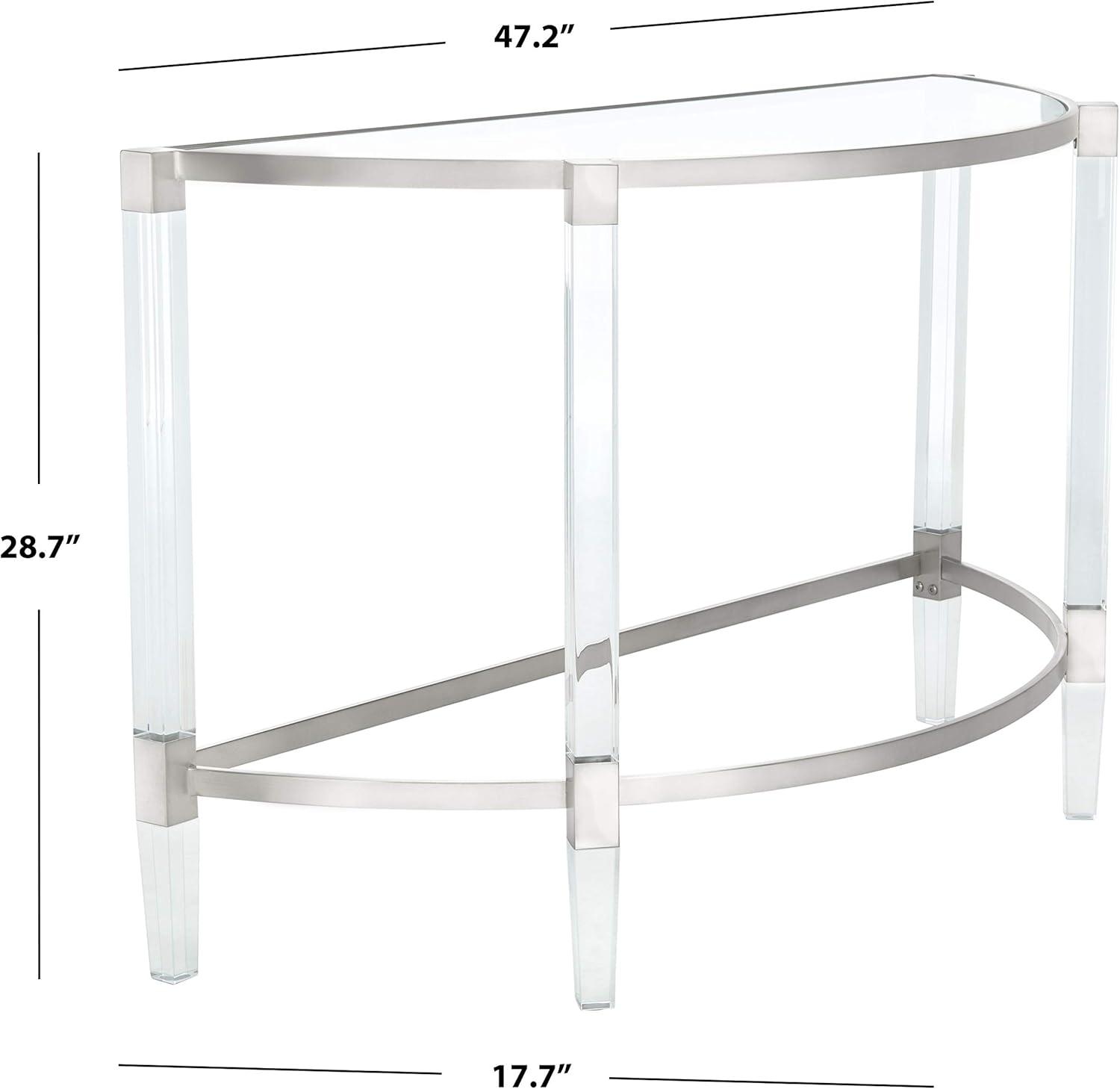 Elegant Demilune Silver Console Table with Acrylic Legs and Storage