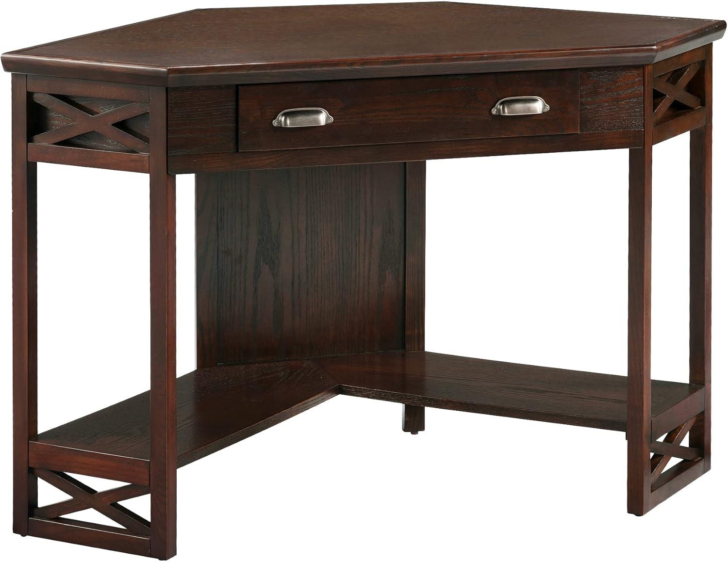 Leick Home 81430 Corner Computer/Writing Desk with Drawer and Shelf, Made with Solid Wood, Chocolate Oak