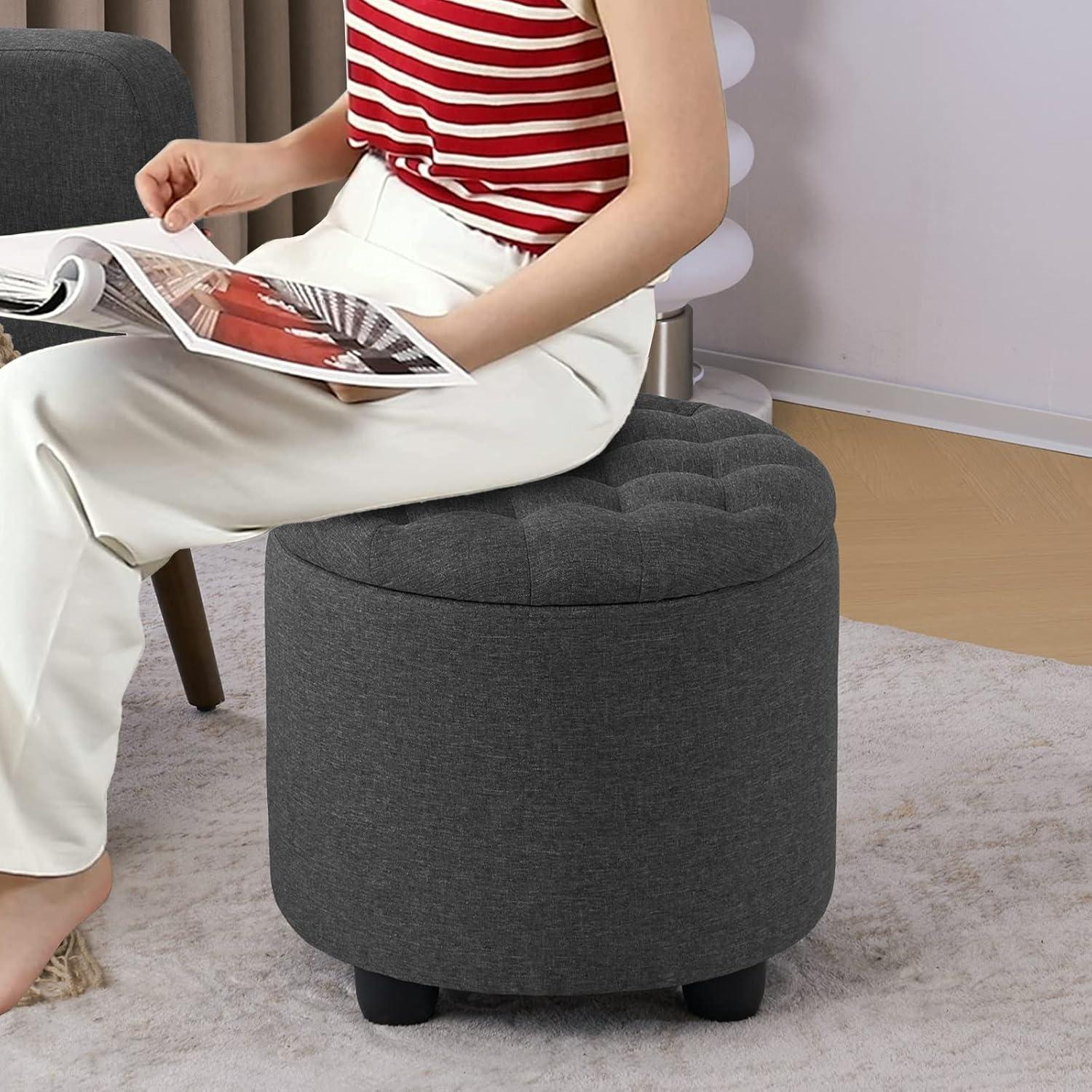 Furniliving Modern Upholstered Round Storage Ottoman Linen Footrest Stool Ottoman Bench, DarkGray