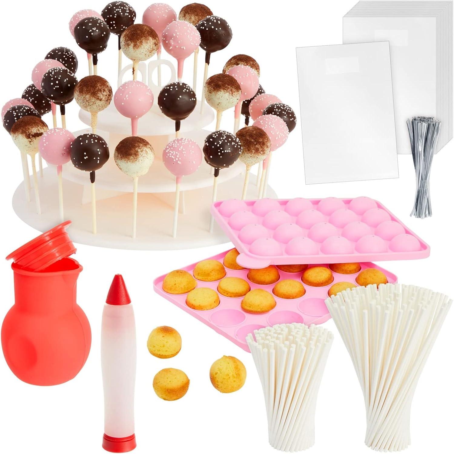 Pink Silicone Cake Pop Maker Kit with White Dessert Stand