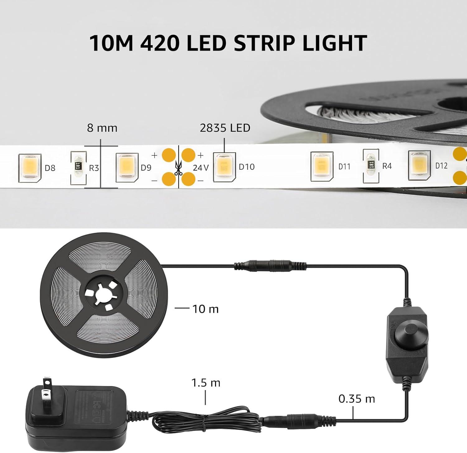 Lepro LED Strip Light, 32.8Ft Dimmable Vanity Lights, 6000K Super Bright LED Tape Lights, 420 LEDs SMD 2835, Strong 3M Adhesive, Suitable for Home, Kitchen, Under Cabinet, Bedroom, Daylight White