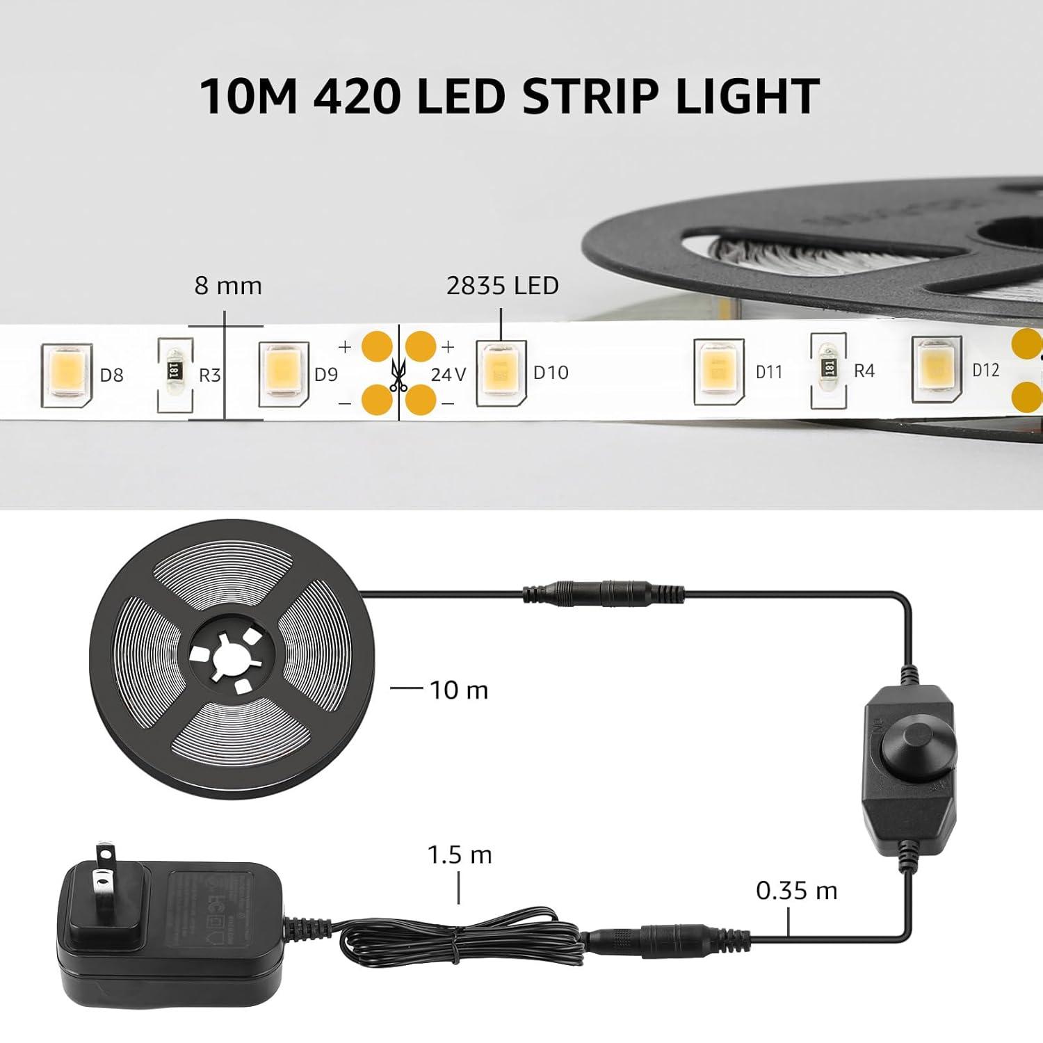 Lepro LED Strip Light, 32.8Ft Dimmable Vanity Lights, 6000K Super Bright LED Tape Lights, 420 LEDs SMD 2835, Strong 3M Adhesive, Suitable for Home, Kitchen, Under Cabinet, Bedroom, Daylight White
