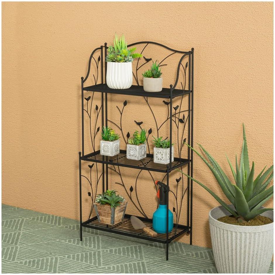 Black Metal 3-Tier Rectangular Plant Stand with Vines and Birds