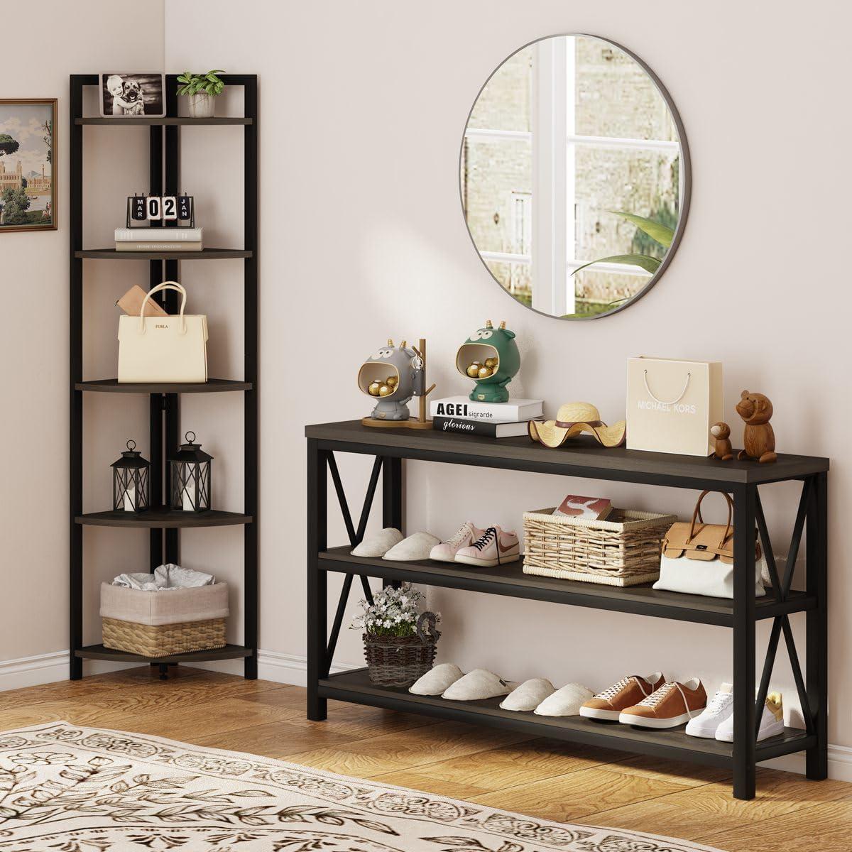 Walnut Brown 5-Tier Industrial Corner Bookshelf with Metal Frame