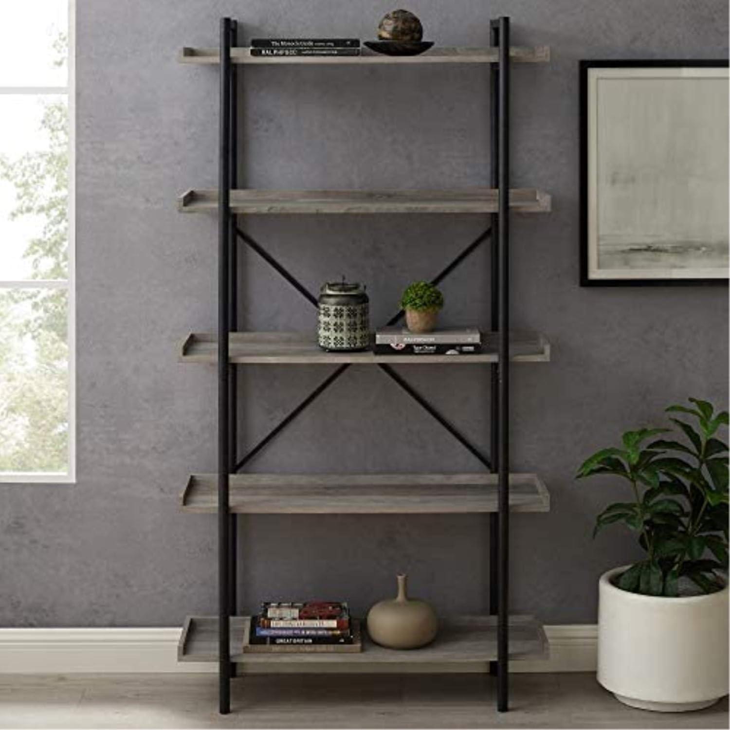 Urban Gray Wash 68" Industrial Metal 5-Shelf Bookcase