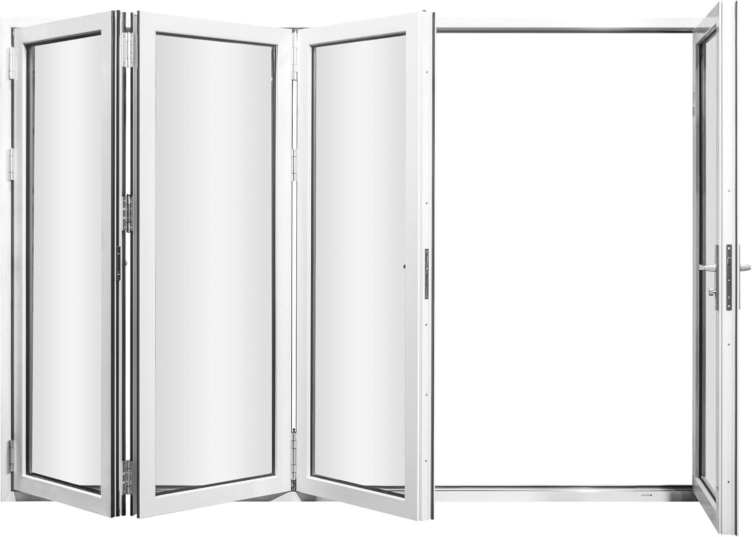 KaMic 120" x 80" 4 Panels Alumnium Folding Door In White, One Door Right Swing Out Three Door Folded From Right To Left