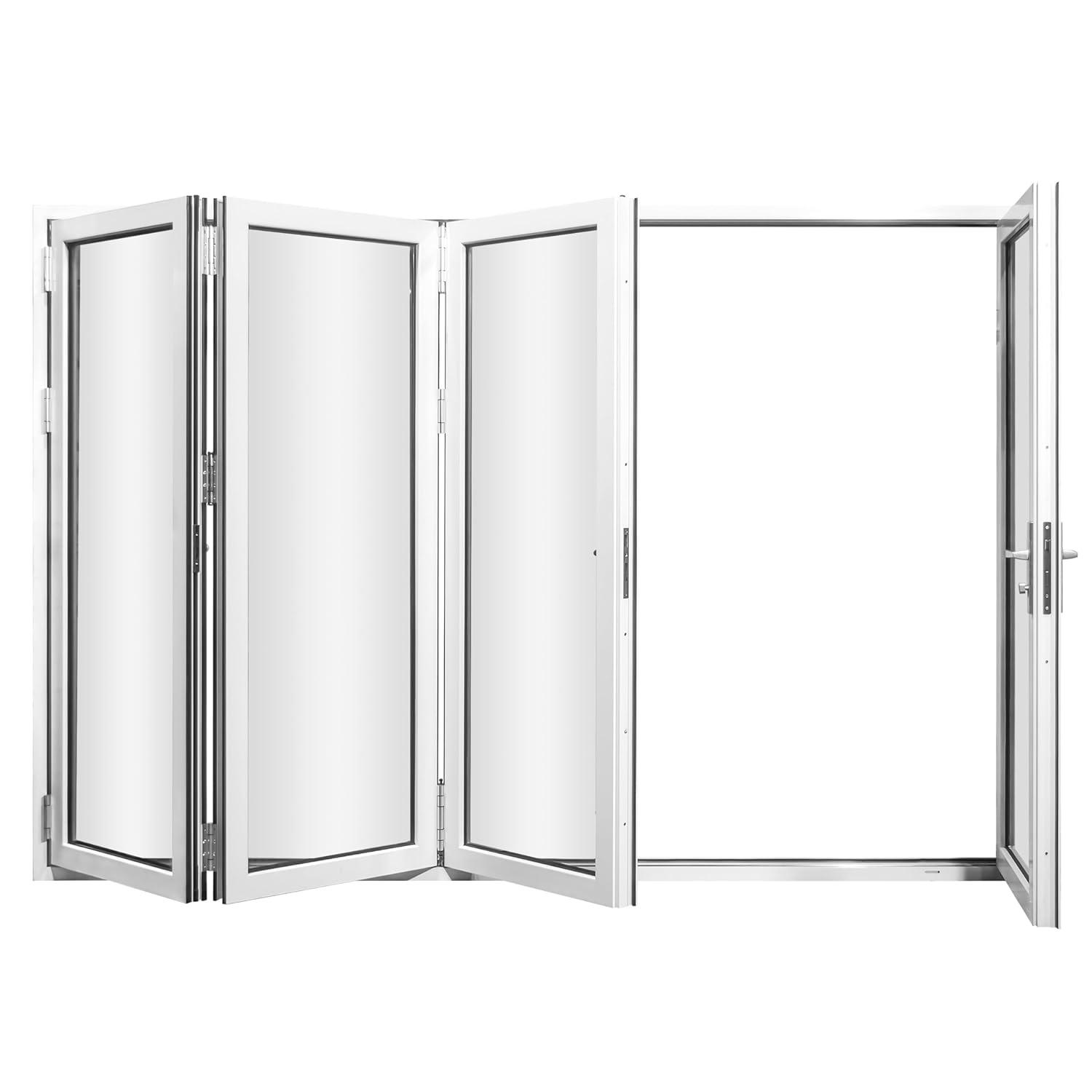 KaMic 120" inch 4 Panels Aluminum Folding Door In White, One Door Swing Out & Three Door Folded