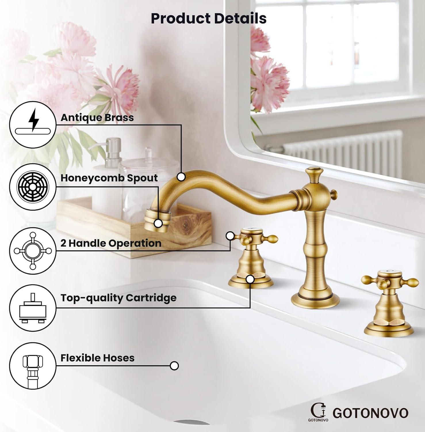 gotonovo Bathroom Faucet 3 Hole 8 Inch Widespread Bathroom Sink Faucet 2 Cross Handles Vintage Lavatory Vanity Mixer Tap with Pop Up Drain, H C Label, Antique Brass