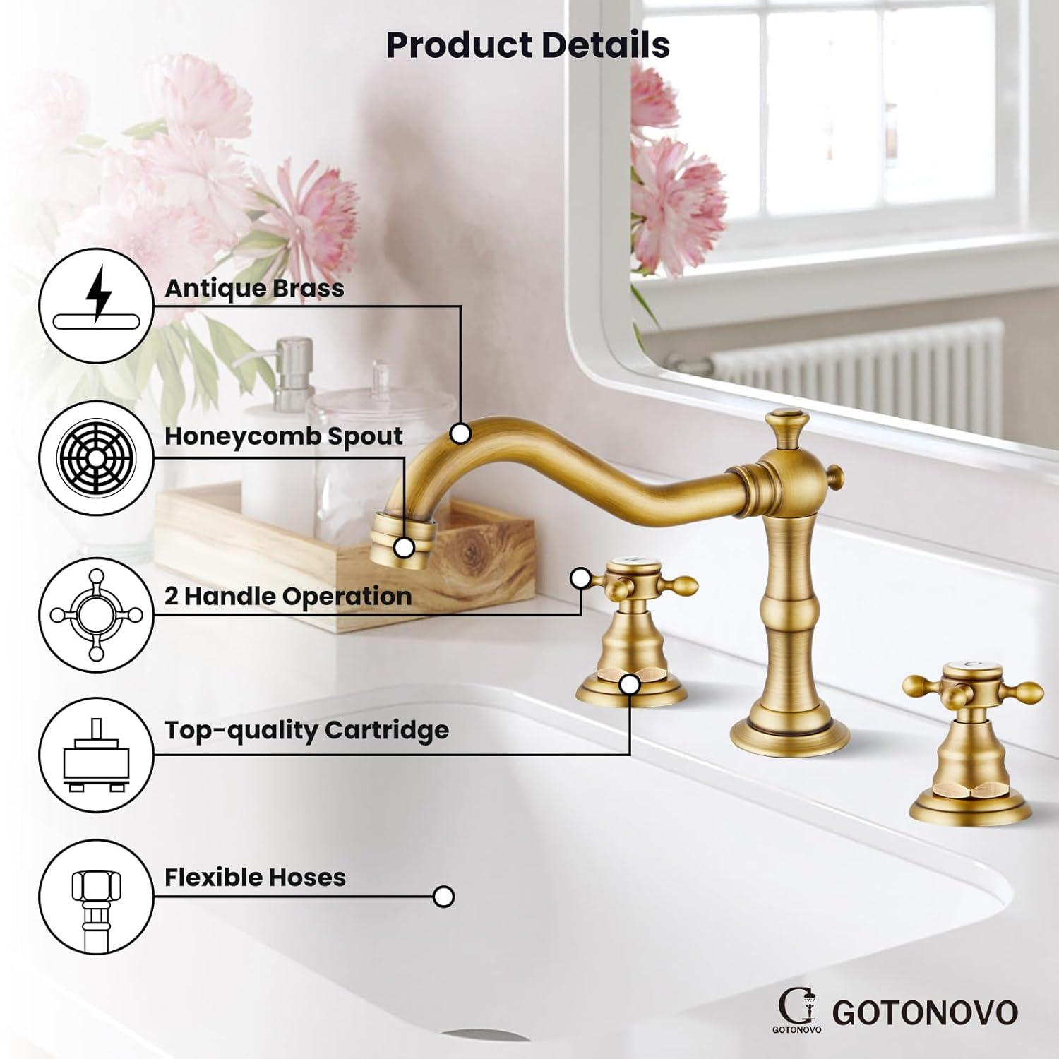 gotonovo Bathroom Faucet 3 Hole 8 Inch Widespread Bathroom Sink Faucet 2 Cross Handles Vintage Lavatory Vanity Mixer Tap with Pop Up Drain, H C Label, Antique Brass