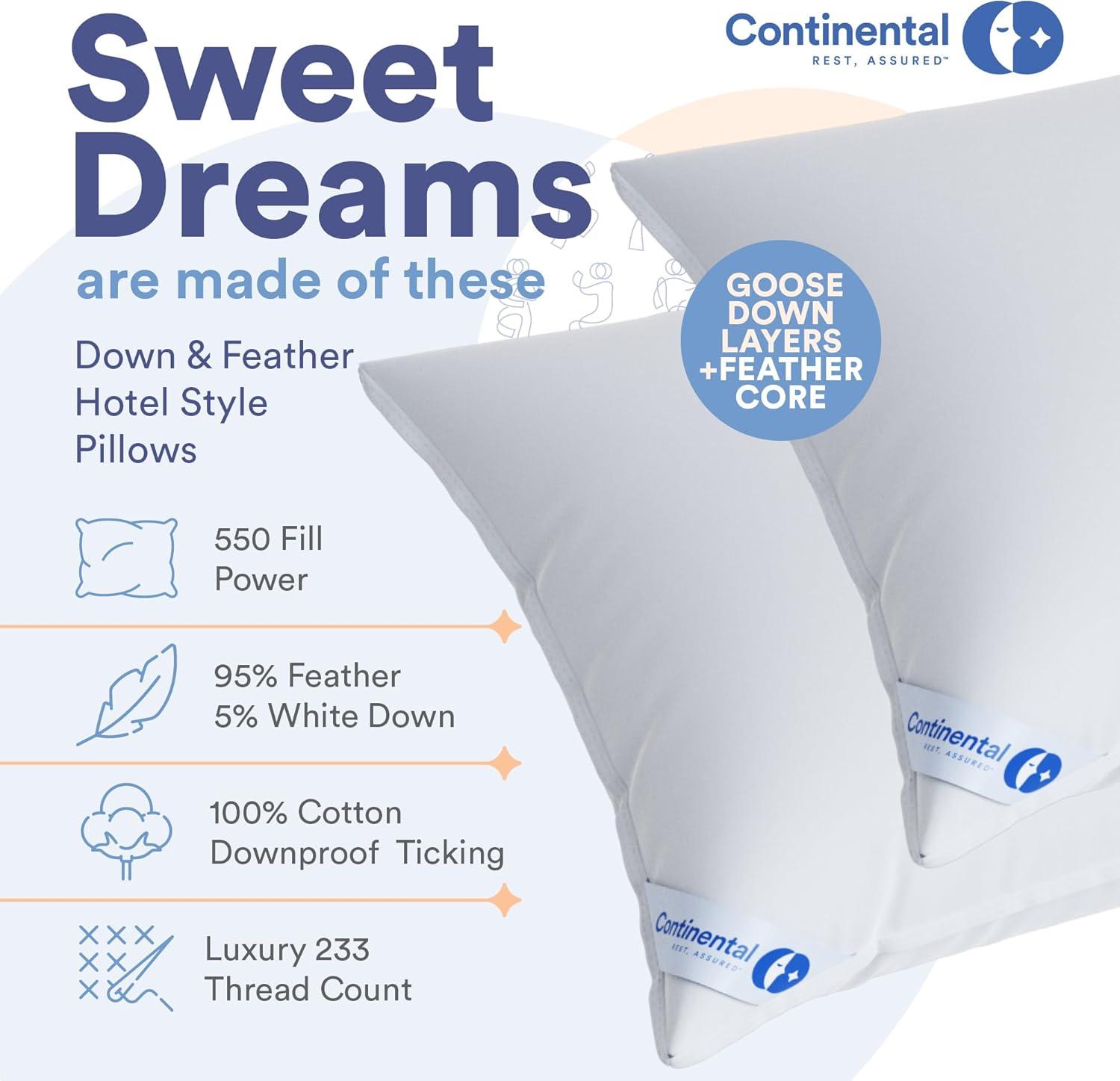 Continental Bedding White Goose Down and Feather Layered Pillow, Pack of 1