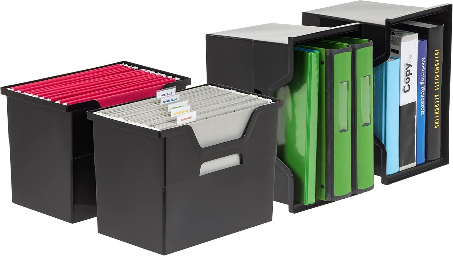 IRIS USA Large Portable Desktop File Box with Open Lid, 4 Pack, Black